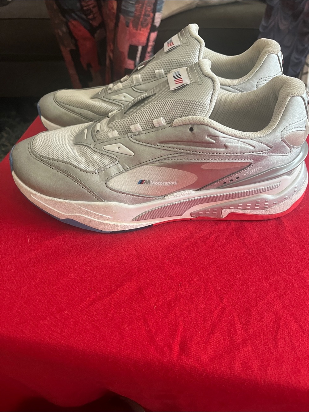 Puma Silver Mesh Athletic Sneakers with Blue & Red Accents